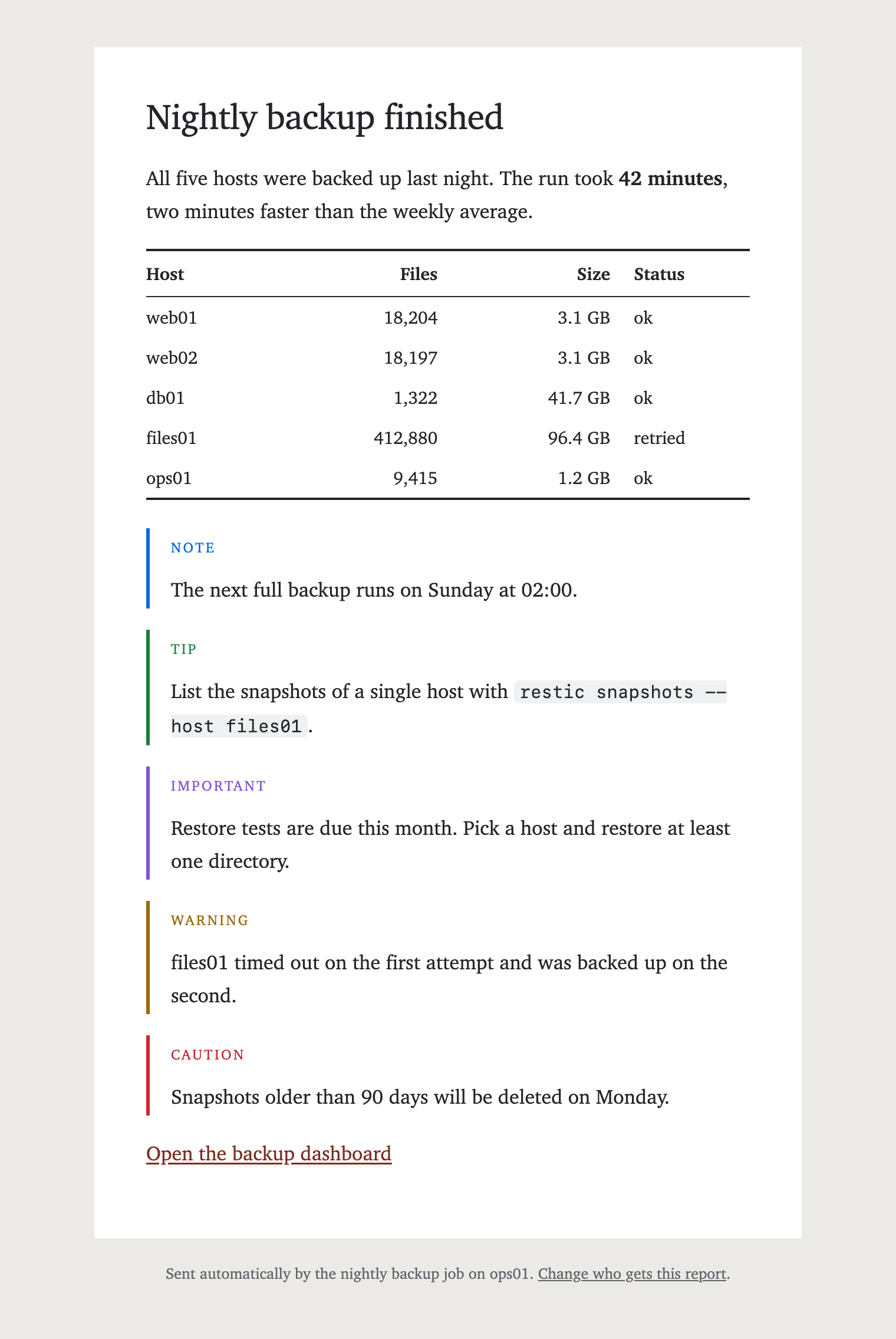 The card-serif template: a white card with serif text on a warm gray page, alerts with small uppercase titles